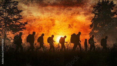 Peaceful illustration of migrants crossing a border with flags of multiple nations in the background