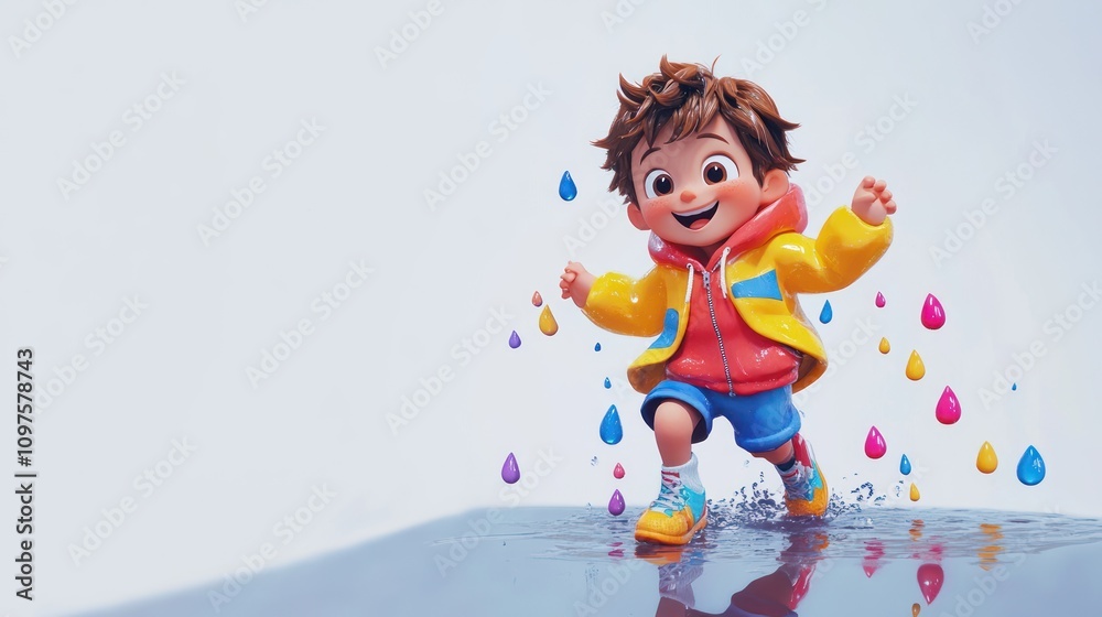 A cheerful child in a raincoat splashes through puddles, enjoying a playful moment. A cheerful child in a raincoat splashes through puddles, enjoying a playful moment.