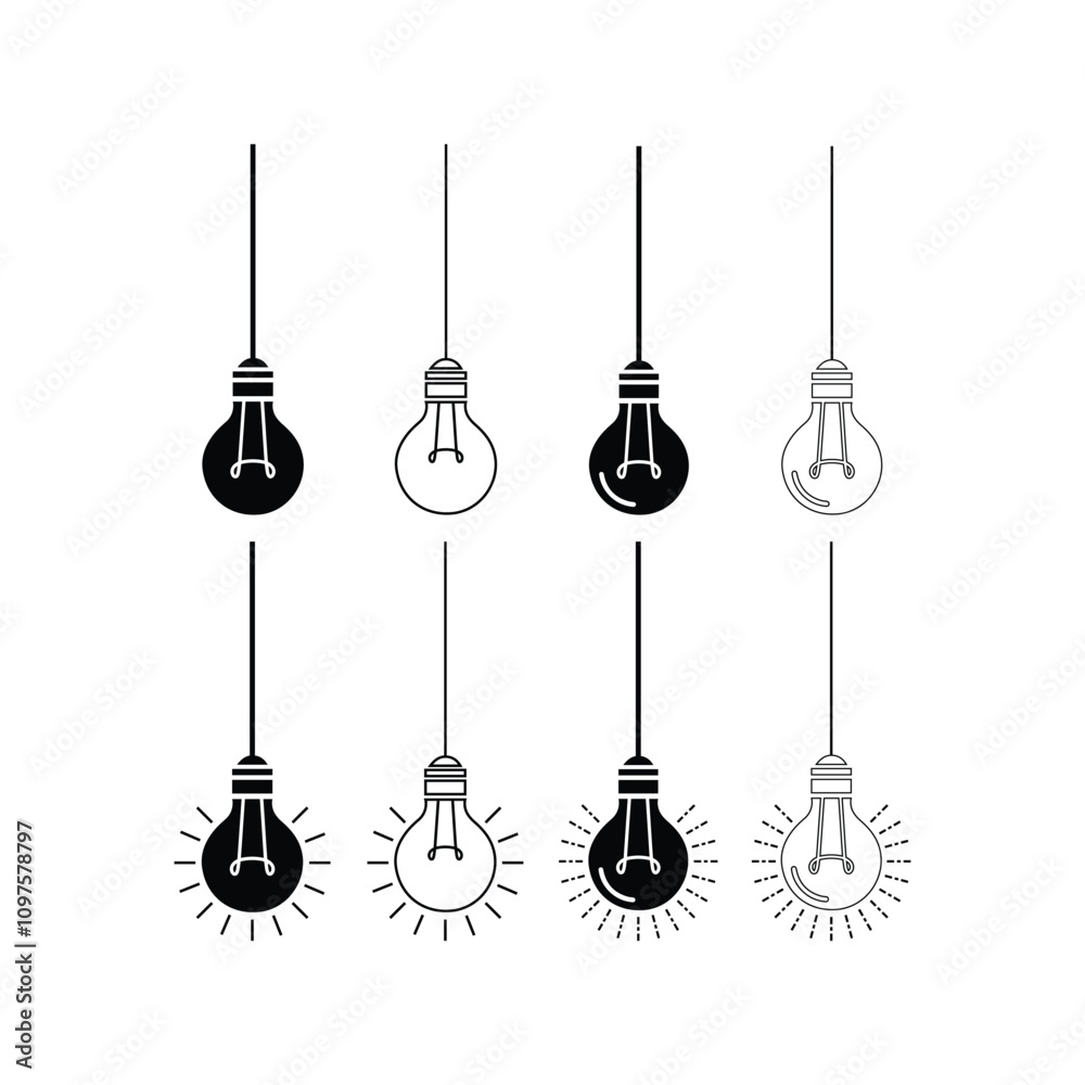 Naklejka premium Hanging light bulbs silhouette vector line art isolated on a white background