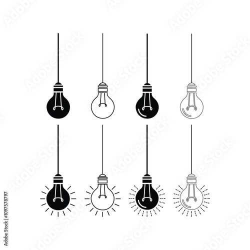 Hanging light bulbs silhouette vector line art  isolated on a white background