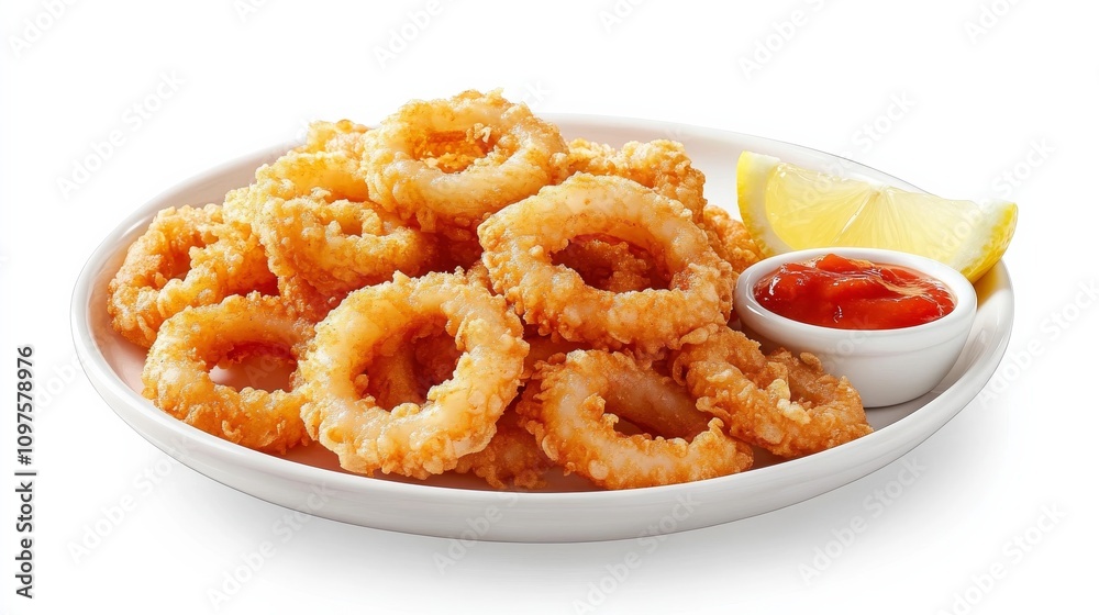 A plate of crispy calamari rings served with a side of marinara sauce and lemon wedges, Each ring golden and tender A plate of crispy calamari rings served with a side of marinara sauce and lemon wedges, Each ring golden and tender