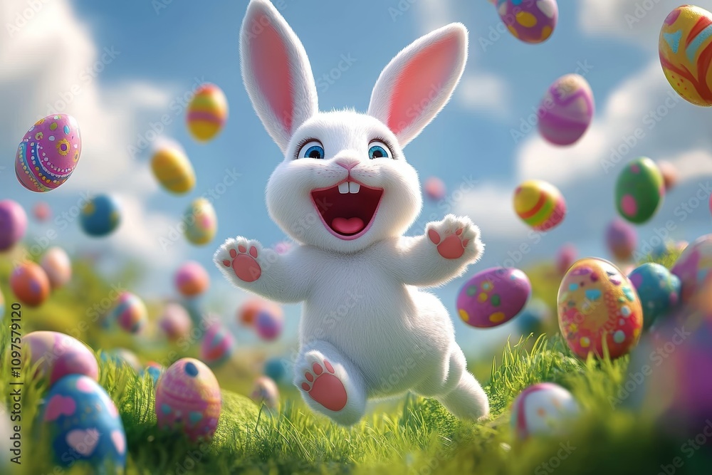 Cheerful Easter Bunny Jumping in a Colorful Meadow Surrounded by Easter Eggs Cheerful Easter Bunny Jumping in a Colorful Meadow Surrounded by Easter Eggs