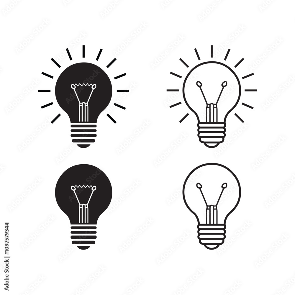 Bulb icon set silhouette fill and line art vector design Bulb icon set silhouette fill and line art vector design