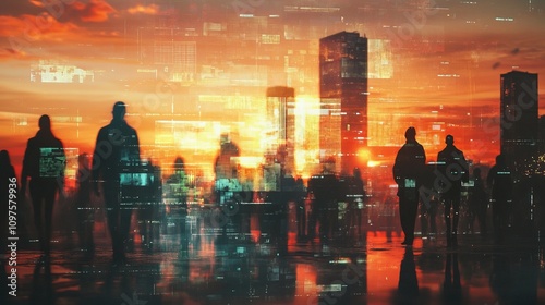 Silhouettes of People Standing in a Cityscape with a Digital Overlay at Sunset A Composition of Unity and Connectivity