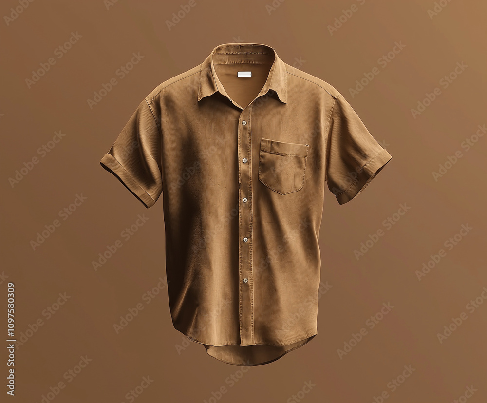 Brown short-sleeved casual shirt mockup with smooth texture on a brown background Brown short-sleeved casual shirt mockup with smooth texture on a brown background