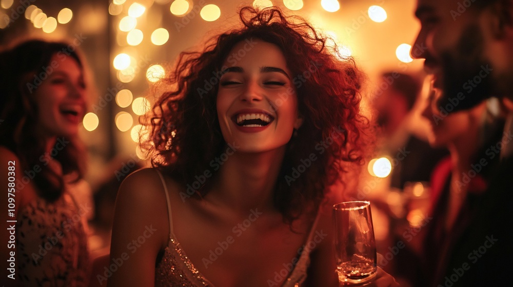 Joyful woman laughing at a party with friends. Joyful woman laughing at a party with friends.