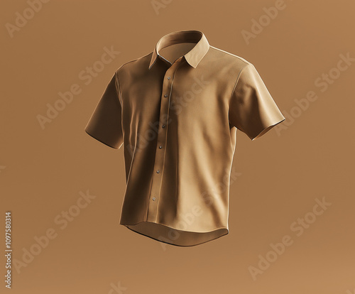Brown short-sleeved casual shirt mockup with smooth texture on a brown background