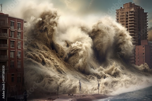 Apocalyptic Collage: Enormous Wave vs. Skyscrapers Panorama photo