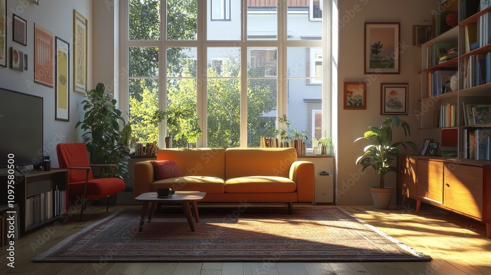 Fototapeta premium Sunlit Living Room: Modern Minimalist Apartment Interior Design