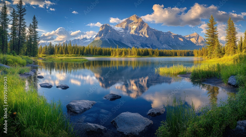 Obraz premium Serene Mountain Lake Reflection at Dawn