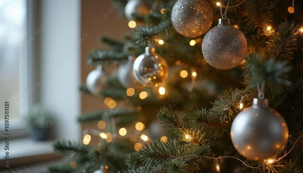 A Close-Up View of a Beautifully Decorated Christmas Tree with Silver Ornaments and Warm Golden Lights, Creating a Festive and Cozy Atmosphere in a Home Setting. A Close-Up View of a Beautifully Decorated Christmas Tree with Silver Ornaments and Warm Golden Lights, Creating a Festive and Cozy Atmosphere in a Home Setting.