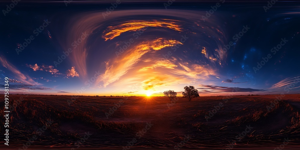 Vivid Panorama of Sunset Over Field with Dramatic Clouds and Vast Horizon : Generative AI Vivid Panorama of Sunset Over Field with Dramatic Clouds and Vast Horizon : Generative AI