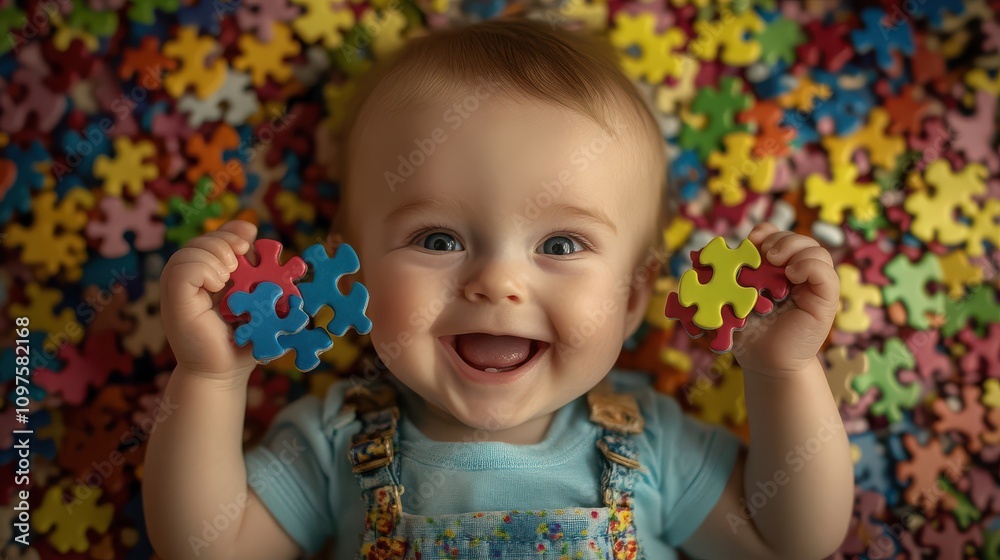 Joyful Baby Smiling with Colorful Puzzle Pieces Surrounded by Bright Puzzle Background, Capturing Pure Happiness and Playfulness in Early Childhood Development Moments
