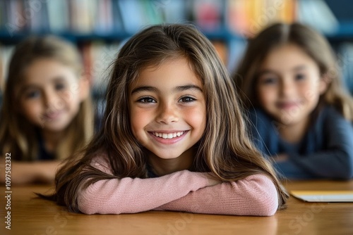 Smiling young girls in elementary classroom at desk happy friendship education