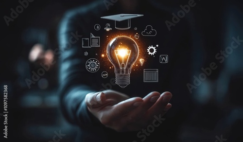 Graduation Lightbulb Concept for E-Learning Certificate Program with Education and Technology Icons