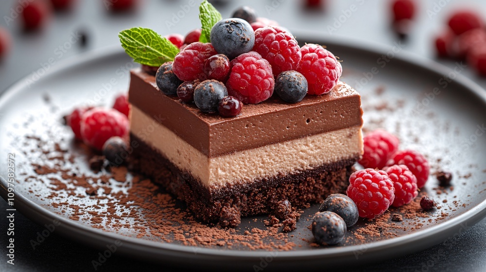 A decadent chocolate mousse cake layered with rich creamy textures, topped with fresh raspberries, blueberries, and a sprig of mint, all on a dark plate. A decadent chocolate mousse cake layered with rich creamy textures, topped with fresh raspberries, blueberries, and a sprig of mint, all on a dark plate.