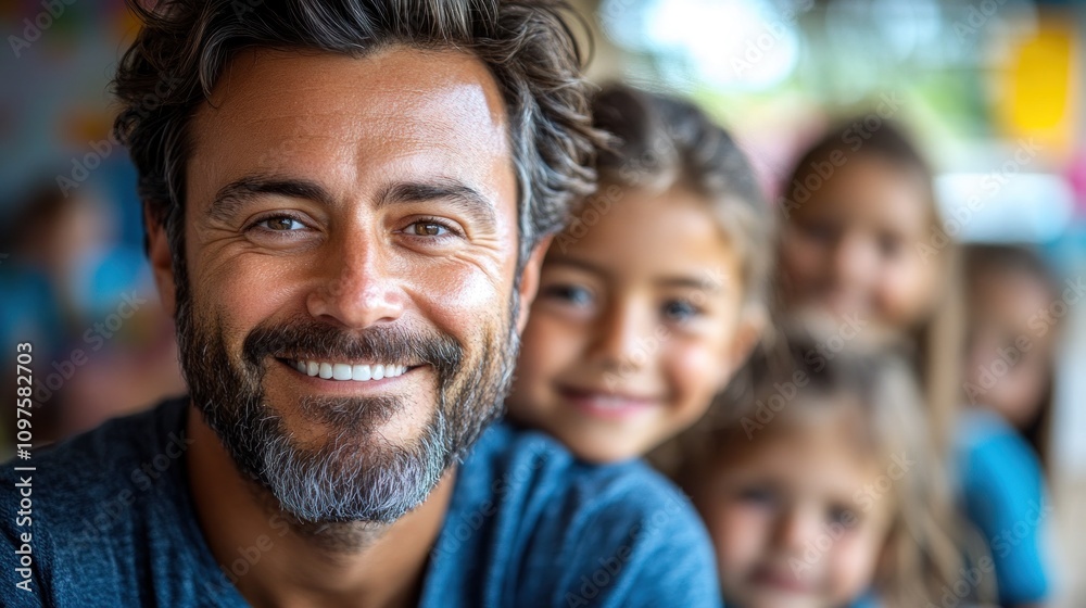 Smiling Man with Children, Happy Family Portrait Smiling Man with Children, Happy Family Portrait