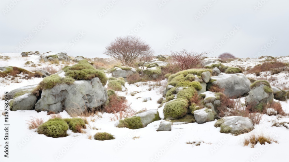 Rocky snowy grass field wilderness landscape outdoors.