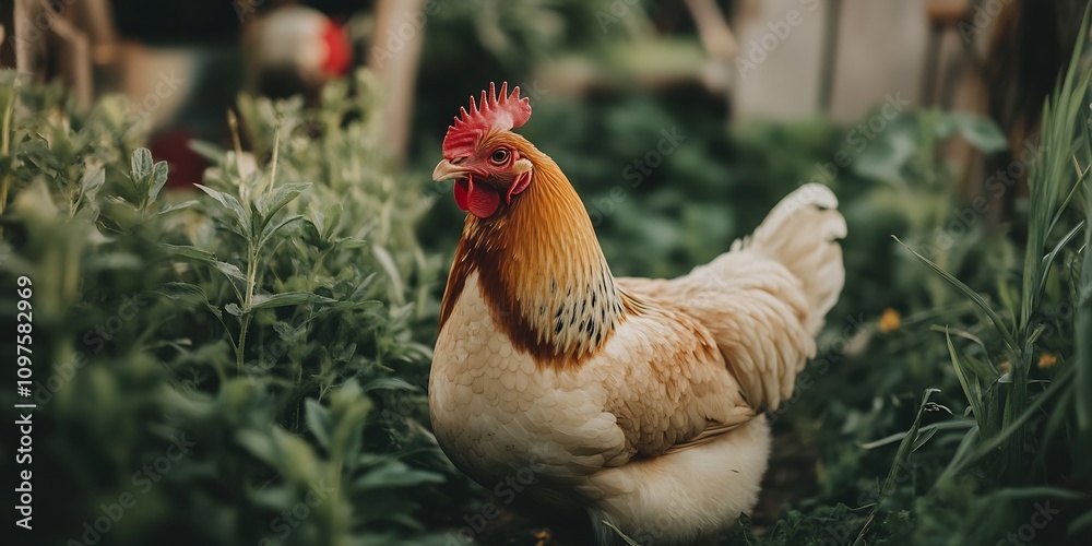 Fototapeta premium Colorful Rooster in Lush Green Garden : Generative AI