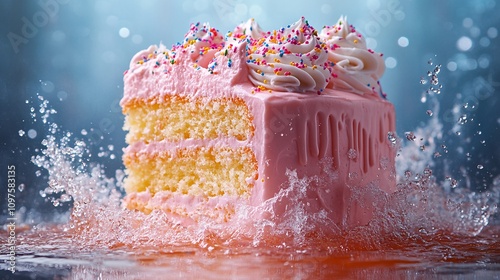 A vibrant pink cake splashes into water, showcasing its layers and colorful sprinkles, creating a playful and dynamic scene.