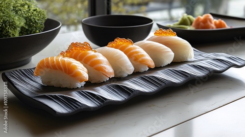 A beautifully arranged platter of sushi featuring delicate slices of fish atop vinegared rice, complemented by bowls of wasabi and pickled ginger. photo