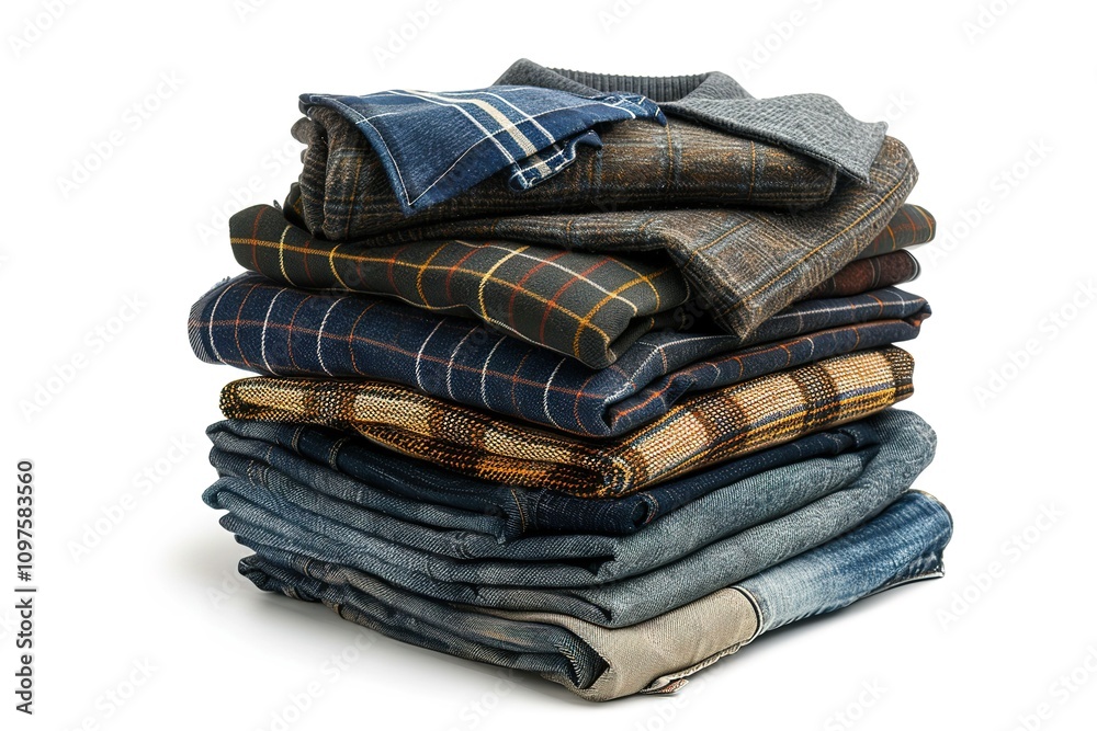 A pile of clothes including a plaid shirt and jeans A pile of clothes including a plaid shirt and jeans