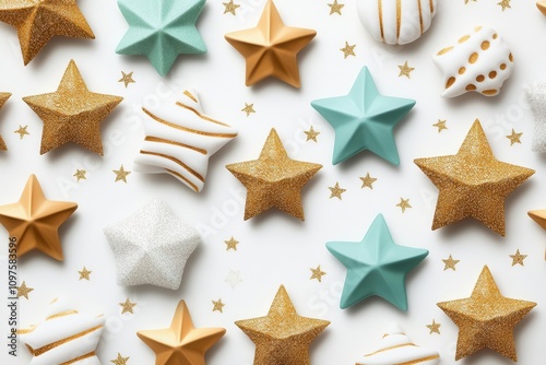 A collection of radiant stars, glitter effect, vibrant white and golden hues, isolated on white background