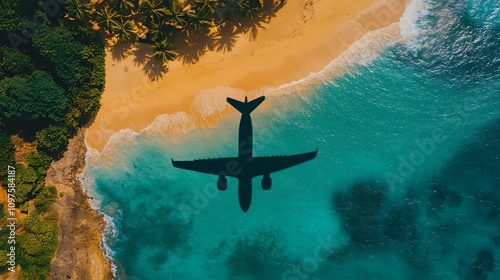Airplane shadow over tropical beach aerial view travel concept
