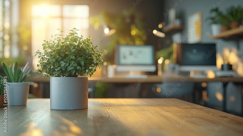 Serene Workspace: Sunlight Illuminates a Plant on a Wooden Desk Serene Workspace: Sunlight Illuminates a Plant on a Wooden Desk
