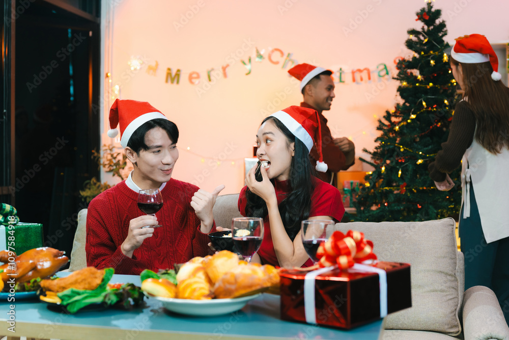 Dinner and group of people celebrating together at Merry Christmas. Dinner and group of people celebrating together at Merry Christmas.
