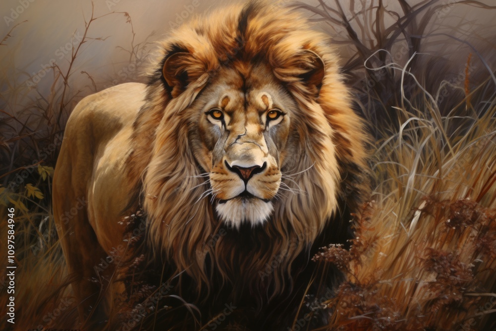 Fototapeta premium Majestic Lion Stands Proudly in Grass: A Realistic Portrait