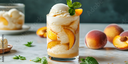 Creamy Peach Float Dessert with Ice Cream and Fresh Mint photo