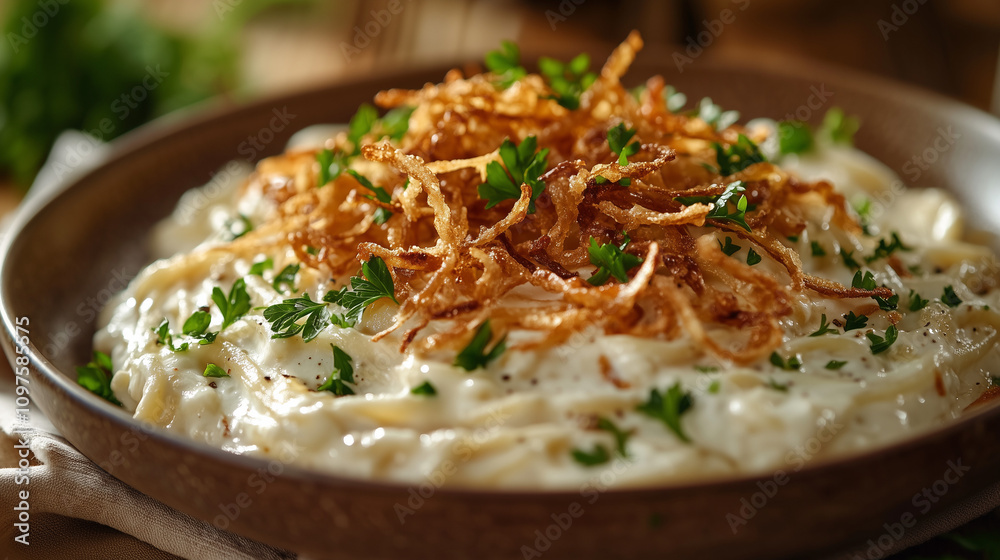 Creamy Käsespätzle topped with crispy fried onions and parsley Creamy Käsespätzle topped with crispy fried onions and parsley