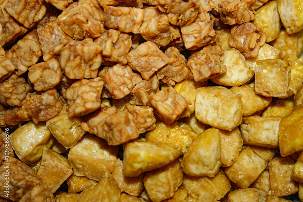Texture background of fried tempeh and tofu Texture background of fried tempeh and tofu