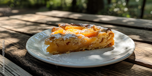 Freshly Baked Peach Tart on Rustic Wooden Table photo