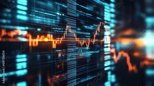 Abstract Financial Market Graph with Dynamic Blue and Orange Data Visuals : Generative AI