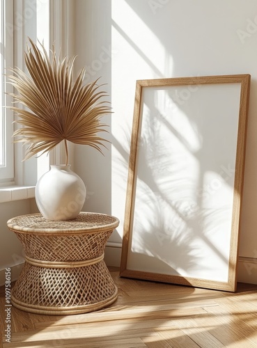 Minimalist Sunlit Room with Wooden Table and Wicker Decor featuring Blank Canvas Frame photo