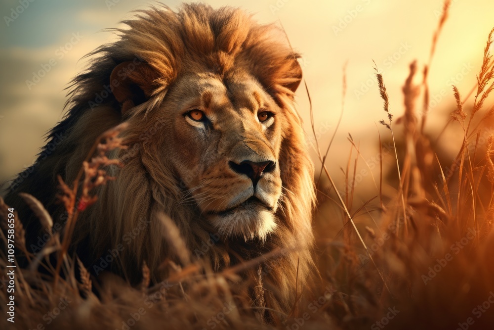 Realistic Lion Rendering Captured Amidst Golden Grasses Realistic Lion Rendering Captured Amidst Golden Grasses