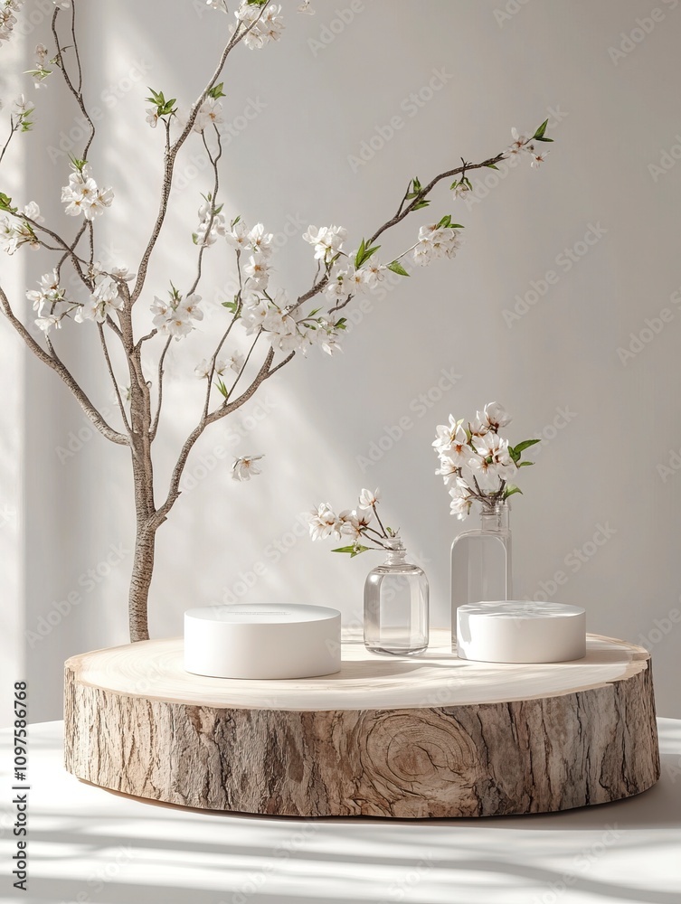 Minimal modern product display on white background. Wood slice podium and spring brunches. Minimal modern product display on white background. Wood slice podium and spring brunches.