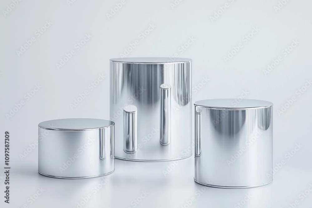 Three stylish metallic cylinders on a minimalistic background, showcasing modern design and sleek aesthetics. Three stylish metallic cylinders on a minimalistic background, showcasing modern design and sleek aesthetics.