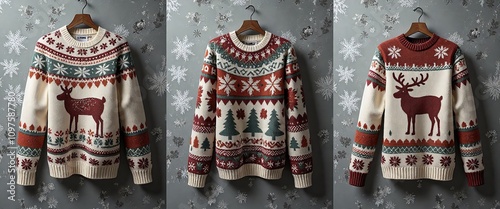 Three different Christmas sweaters with deer and trees on them. The first sweater has a deer on the front and the second has a tree photo