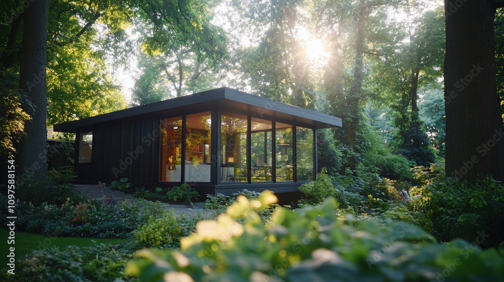 Modern glass and black cabin nestled in lush green forest. Modern glass and black cabin nestled in lush green forest.