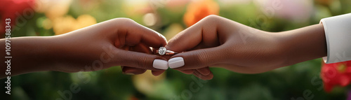 Close-up of engagement ring exchange, garden proposal, 3D illustration photo