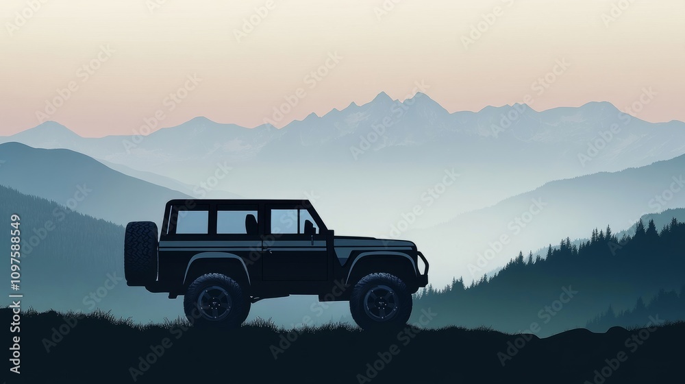Fototapeta premium A rugged four-wheel SUV mockup with transparent features, set against a mountain silhouette for an adventure theme