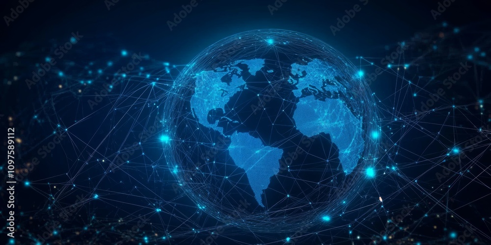 Global Connectivity Data Technology, Telecommunications, AI, Space Innovation, Business Analytics, Communications, Financial Data, Network Systems, Earth Map Illustration Global Connectivity Data Technology, Telecommunications, AI, Space Innovation, Business Analytics, Communications, Financial Data, Network Systems, Earth Map Illustration