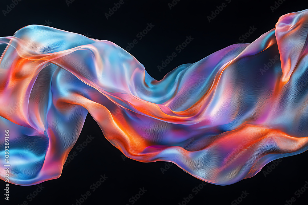 Colorful abstract waves of fabric flow gracefully against a dark background, showcasing vibrant hues
