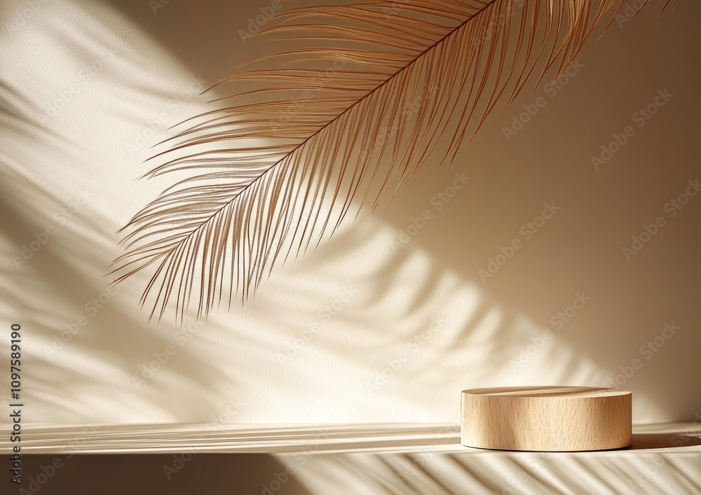 Minimalist Wood Circle on Beige Surface with Leaf Shadow Natural Studio Display for Tropical Beauty Product Promotion Minimalist Wood Circle on Beige Surface with Leaf Shadow Natural Studio Display for Tropical Beauty Product Promotion