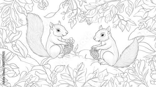 detailed black-and-white line drawing of two squirrels holding acorns, surrounded by lush forest foliage. Perfect for coloring books, nature themes, and artistic projects.