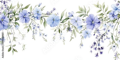 Watercolor Floral Garland with Light Purple and Blue Flowers Green Leaves Botanical Design