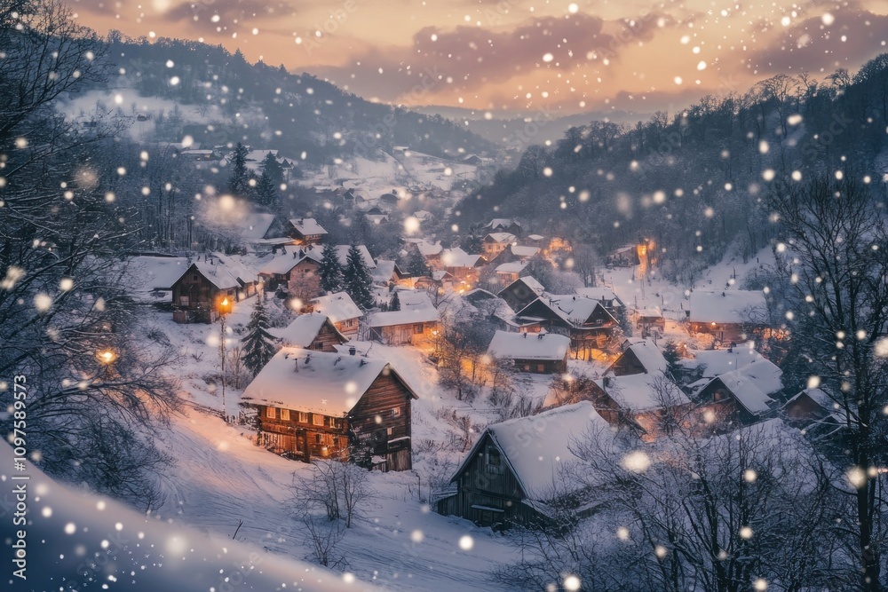 Cozy winter village scene. Cozy winter village scene.